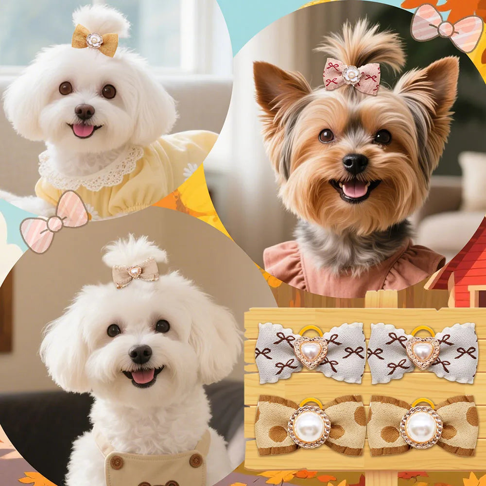 20PCS Pearl Dog Bows with Rubber Bands – Winter Puppy Hair Accessories for Small Dogs
