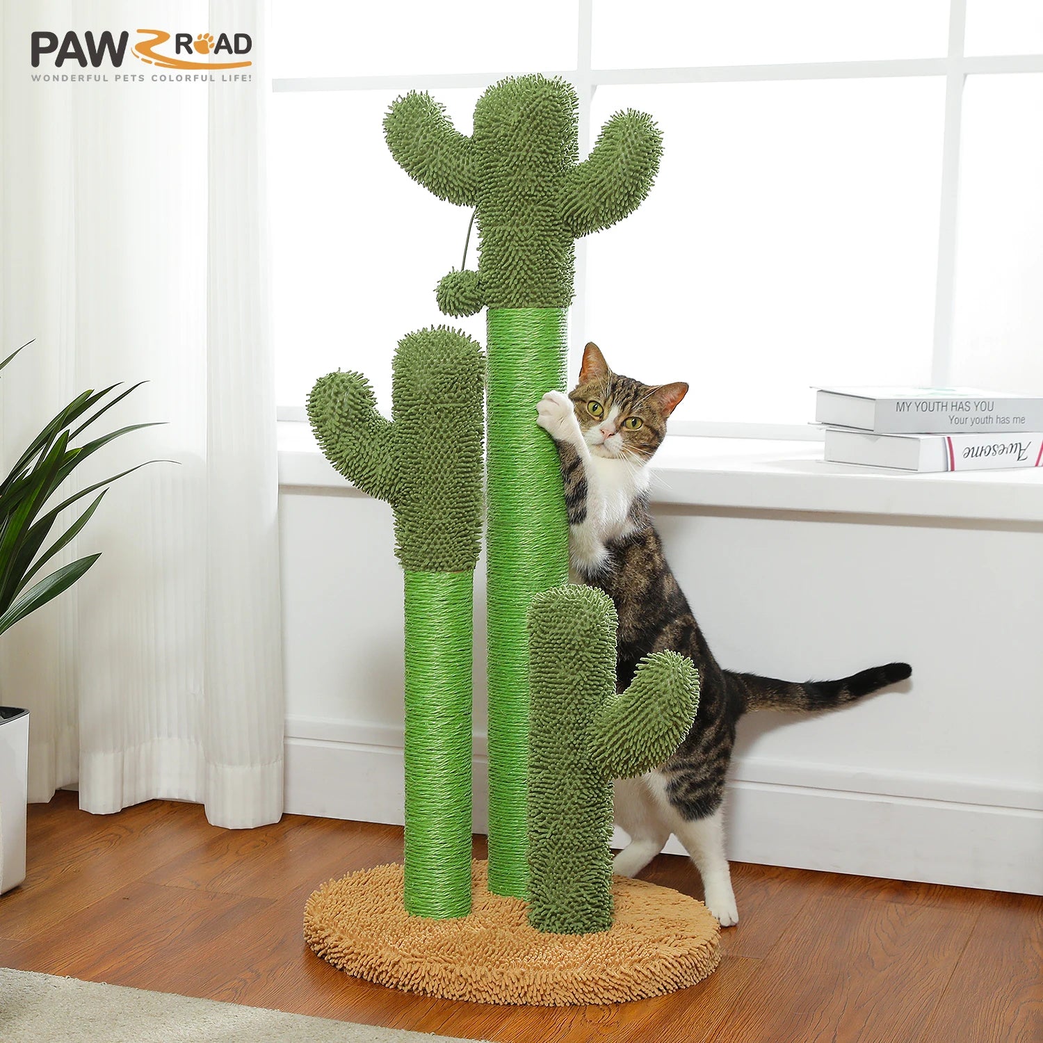 Cactus Cat Scratching Post – Tall Cat Scratcher for Indoor Cats with 3 Sisal Poles & Interactive Dangling Ball Toys