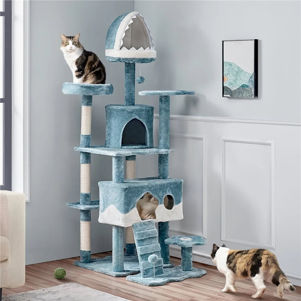 Ocean-Themed Cat Tree Tower – 72.5" Multi-Level Cat Furniture with Shark Mouth Bed, Fish-Shaped Perch & Plush Fabric for Large Cats