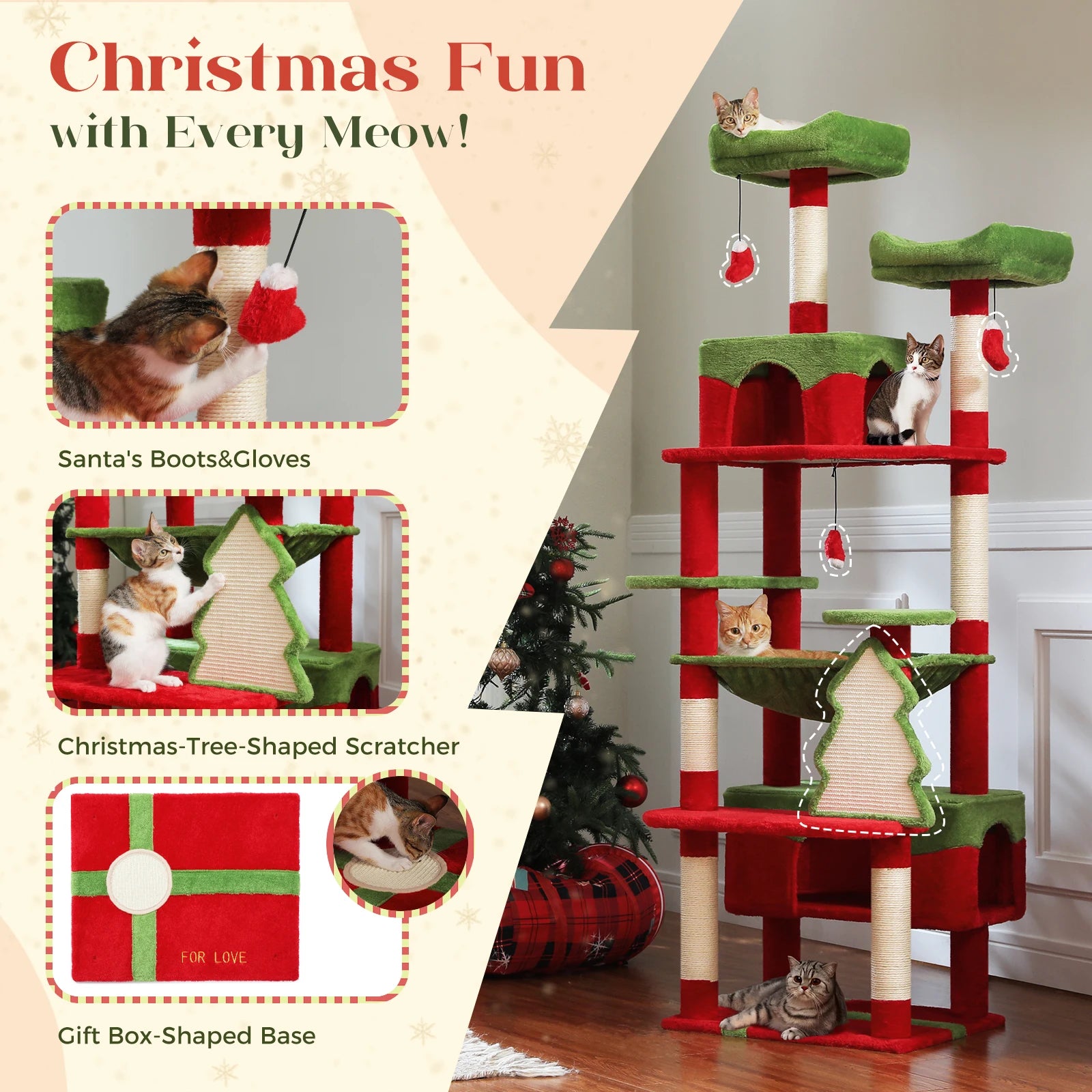 Large Cat Tree Tower for Indoor Cats – Multi-Level Cat Condo with Sisal Scratching Posts, Hammock, Padded Perches & Toys