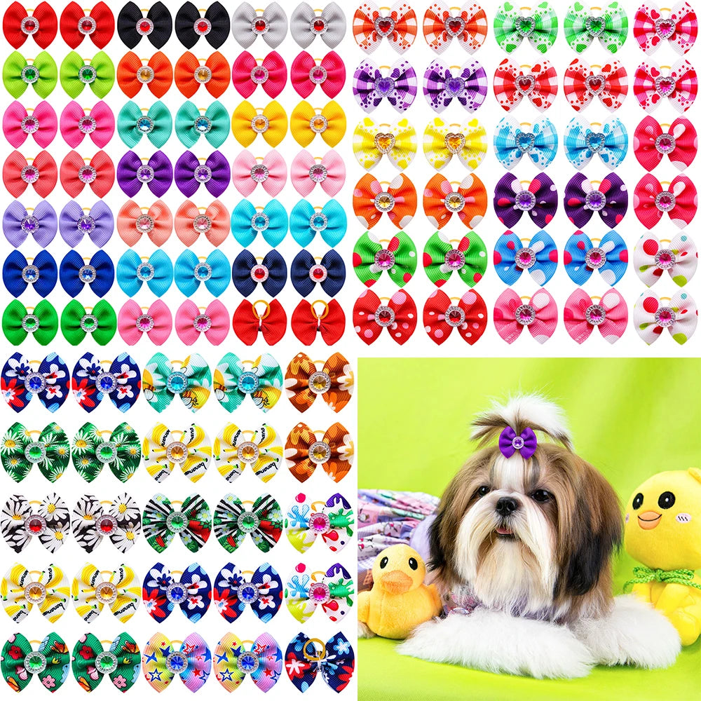 20PCS Dog Hair Bows with Diamond – Colorful Pet Grooming Accessories with Rubber Bands for Small Dogs & Puppies