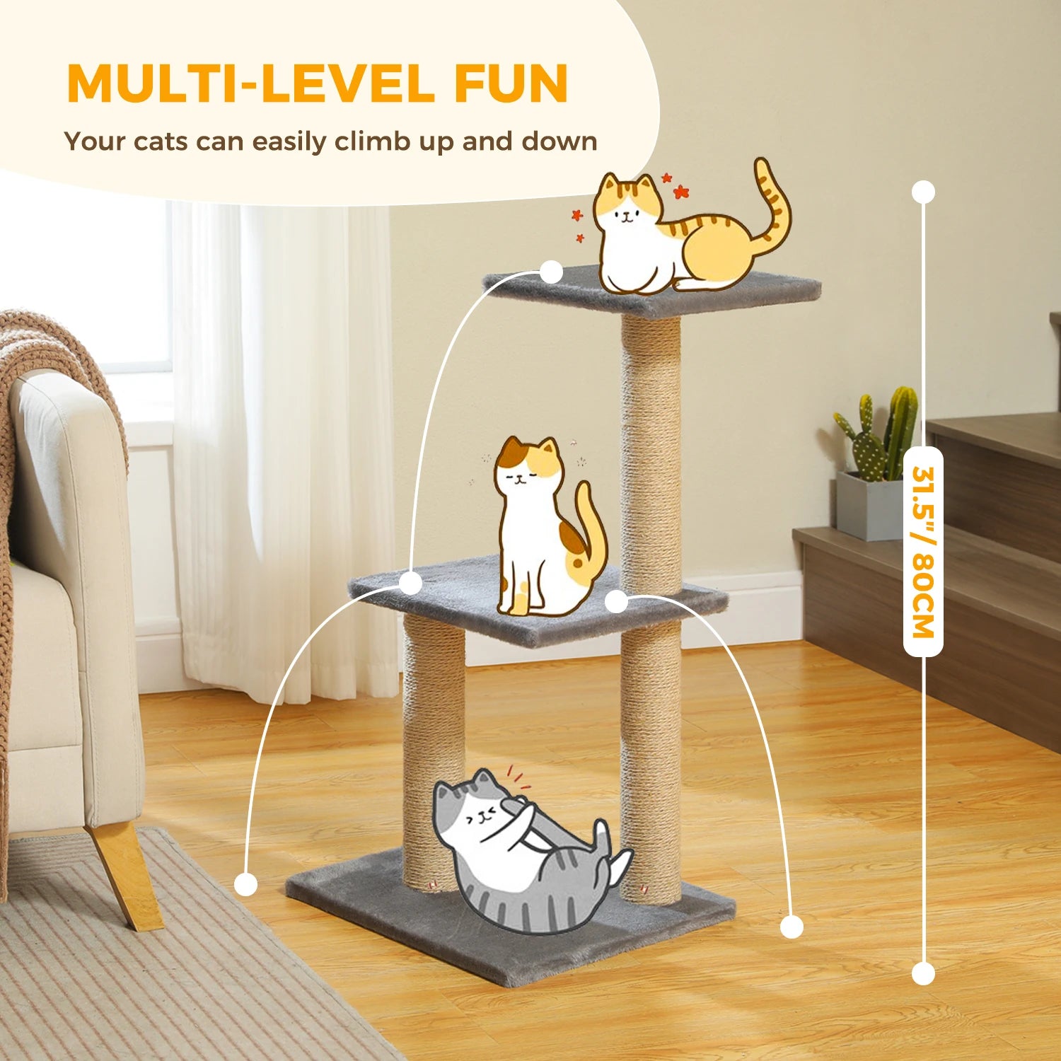 Cat Tree Tower for Indoor Cats – 2-Style Cat Activity Center with Scratching Posts, Large Hammock & Removable Top Perch, Grey