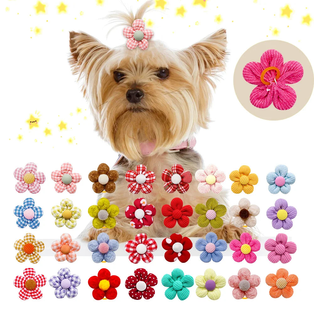 20PCS Flower Pet Hair Bows – Handmade Dog Bows with Rubber Bands for Small Dogs & Grooming Accessories