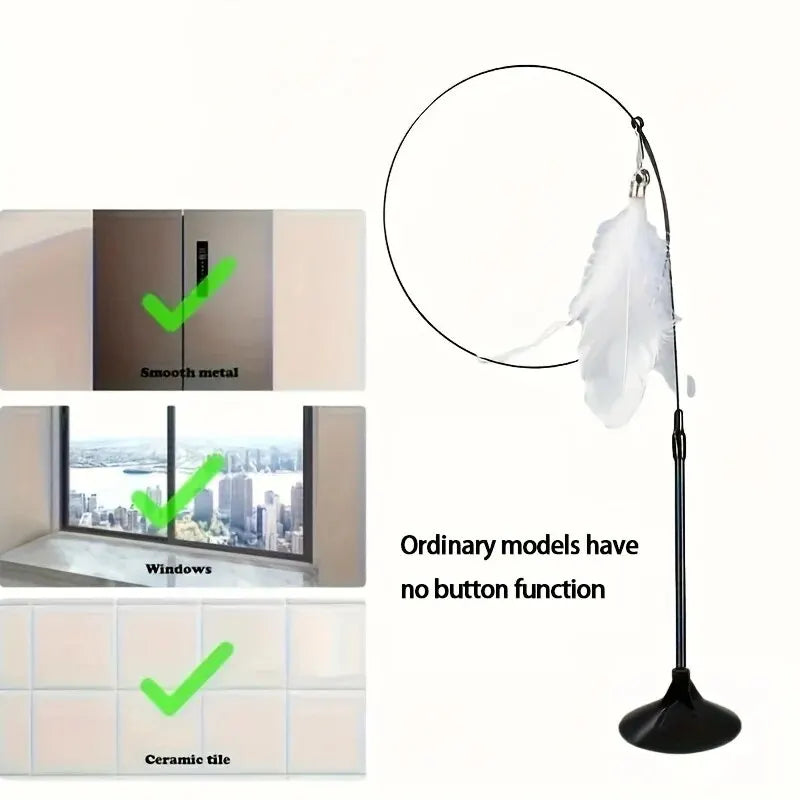 Cat Teaser Wand Toy with Feather & Bell – Suction Cup Pole