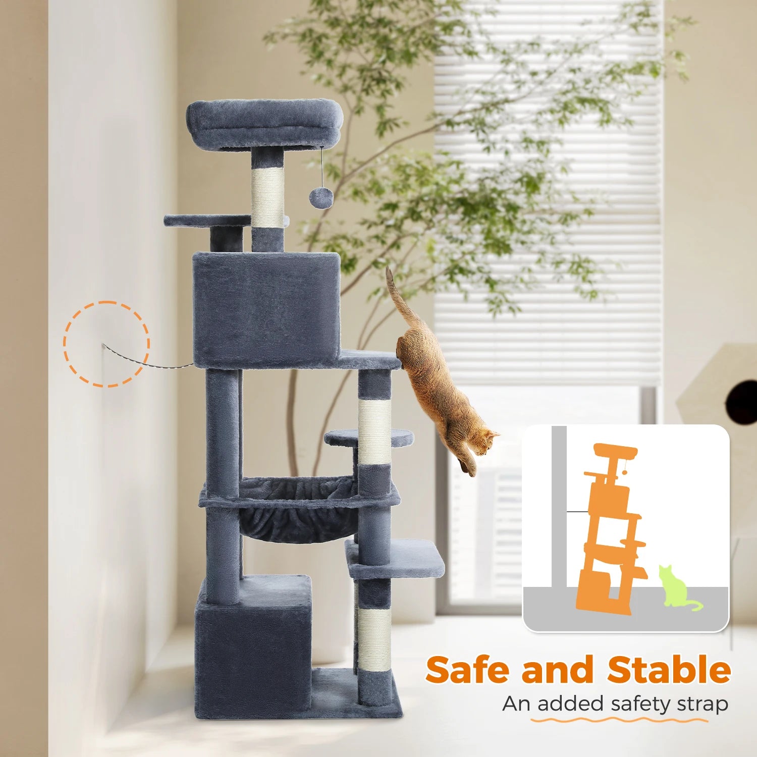 Large Cat Tree Tower for Indoor Cats – Multi-Level Cat Condo with Sisal Scratching Posts, Hammock, Padded Perches & Toys