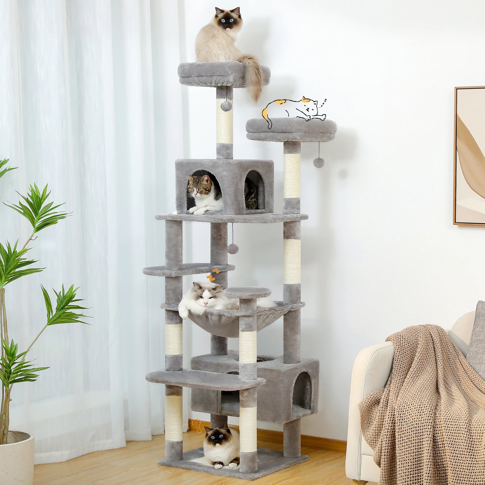 Large Cat Tree Tower for Indoor Cats – Multi-Level Cat Condo with Sisal Scratching Posts, Hammock, Padded Perches & Toys