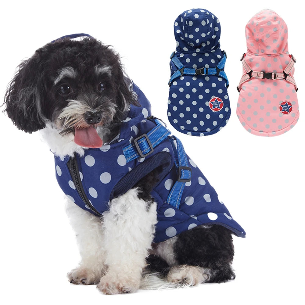 Winter Pet Dog Waterproof Coat with Harness – Warm Cotton Hooded Jacket for Small Dogs & Cats
