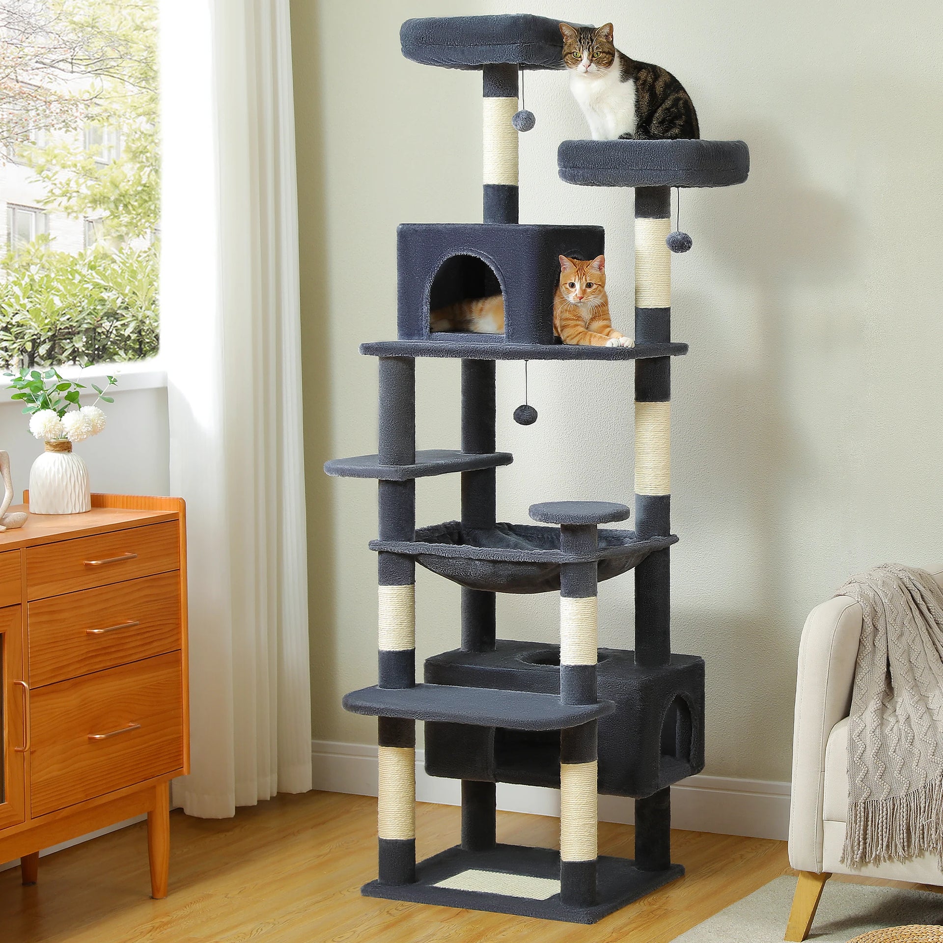 Large Cat Tree Tower for Indoor Cats – Multi-Level Cat Condo with Sisal Scratching Posts, Hammock, Padded Perches & Toys