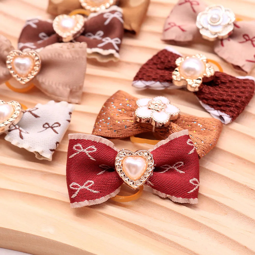 20PCS Pearl Dog Bows with Rubber Bands – Winter Puppy Hair Accessories for Small Dogs