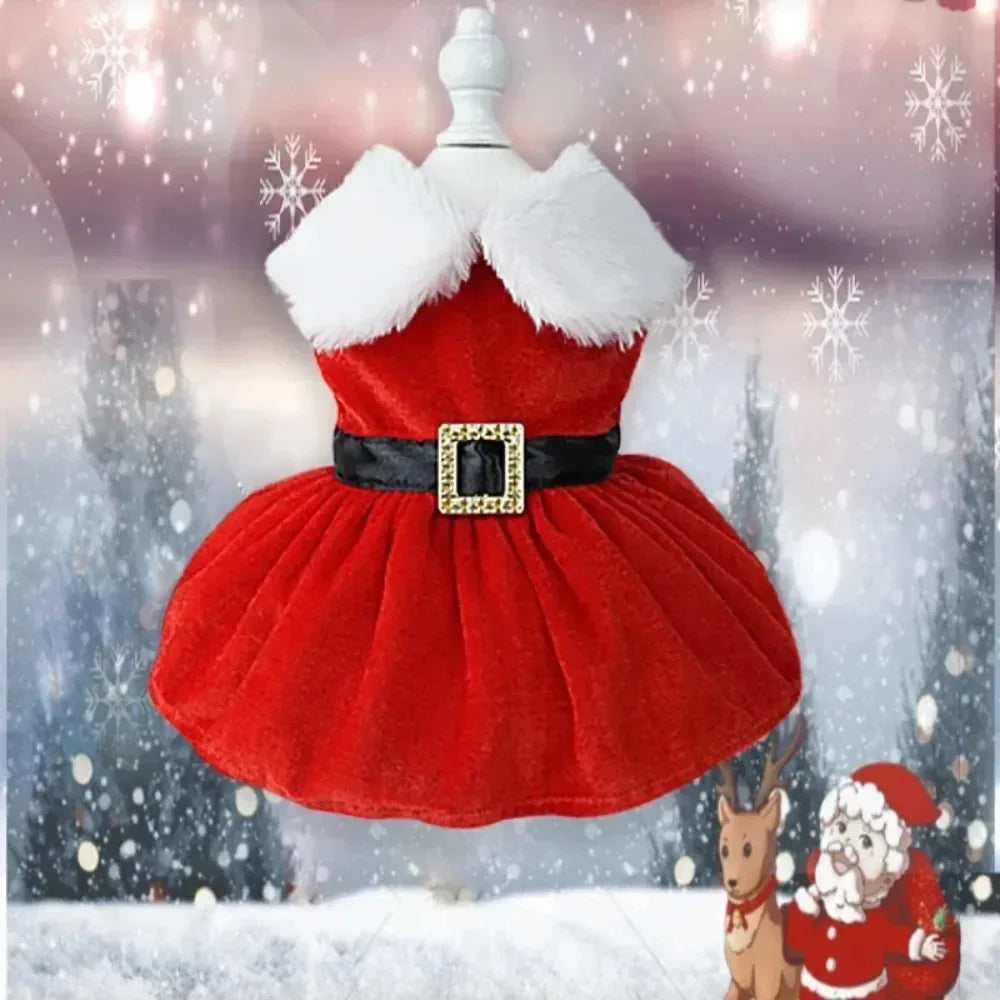 Red Christmas Bow Dress – Warm Santa-Style Holiday Outfit for Dogs & Cats
