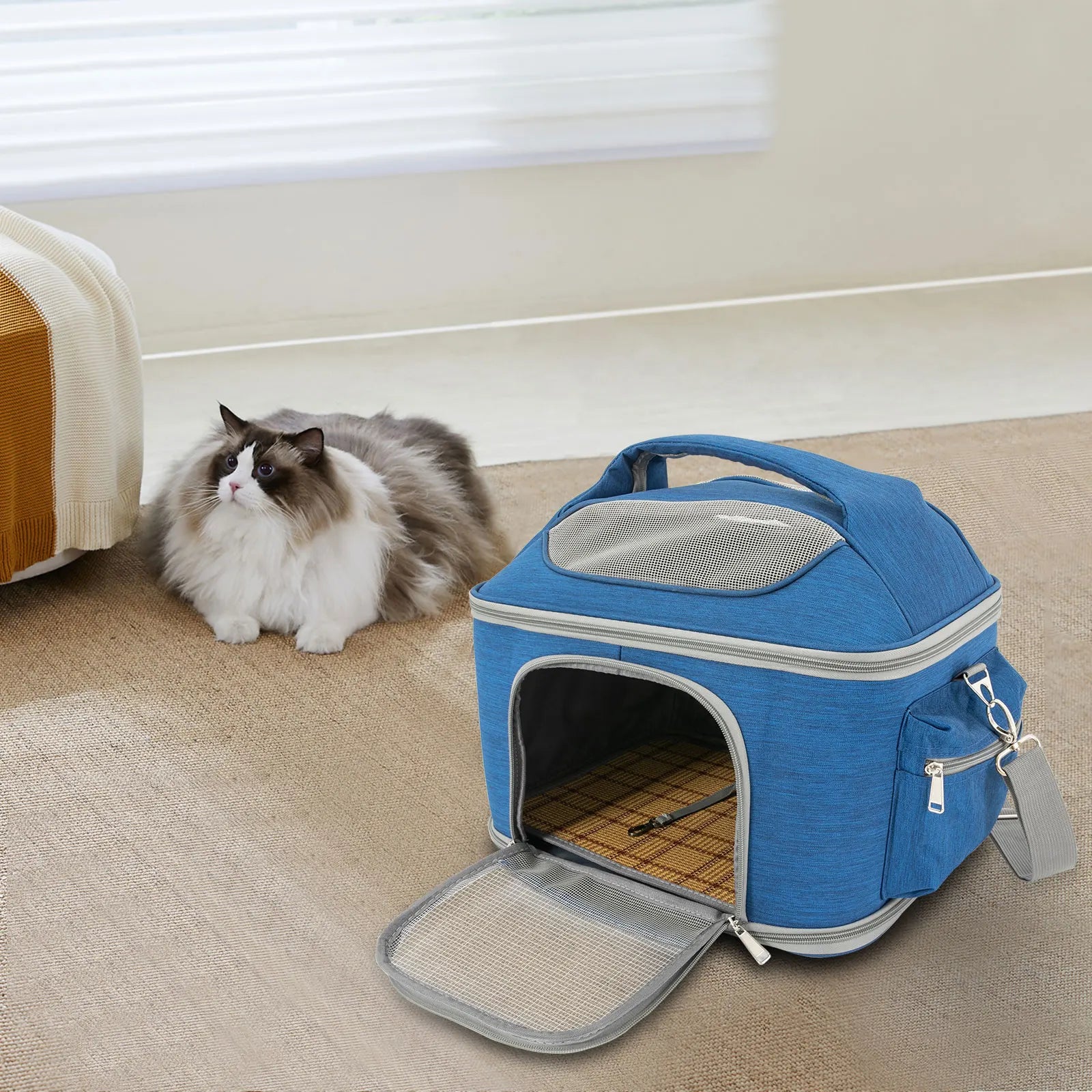 Blue Collapsible Pet Carrier – Waterproof Oxford Travel Bag