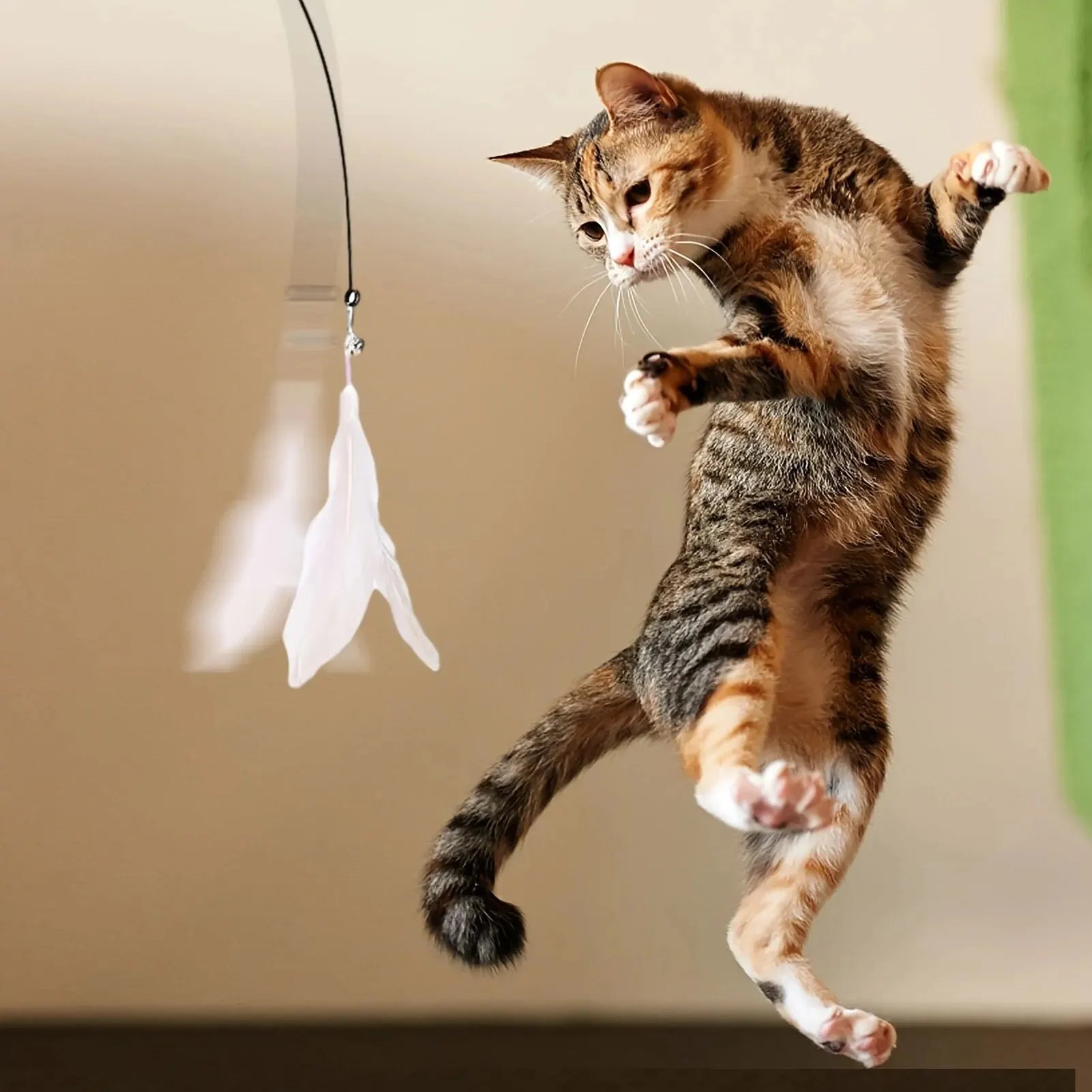 Cat Teaser Wand Toy with Feather & Bell – Suction Cup Pole