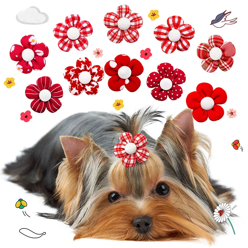 20PCS Flower Pet Hair Bows – Handmade Dog Bows with Rubber Bands for Small Dogs & Grooming Accessories