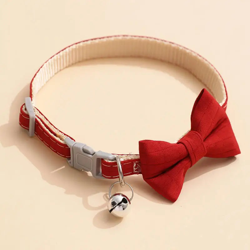Adjustable Bow Collar with Bell – Solid Color for Puppies & Cats
