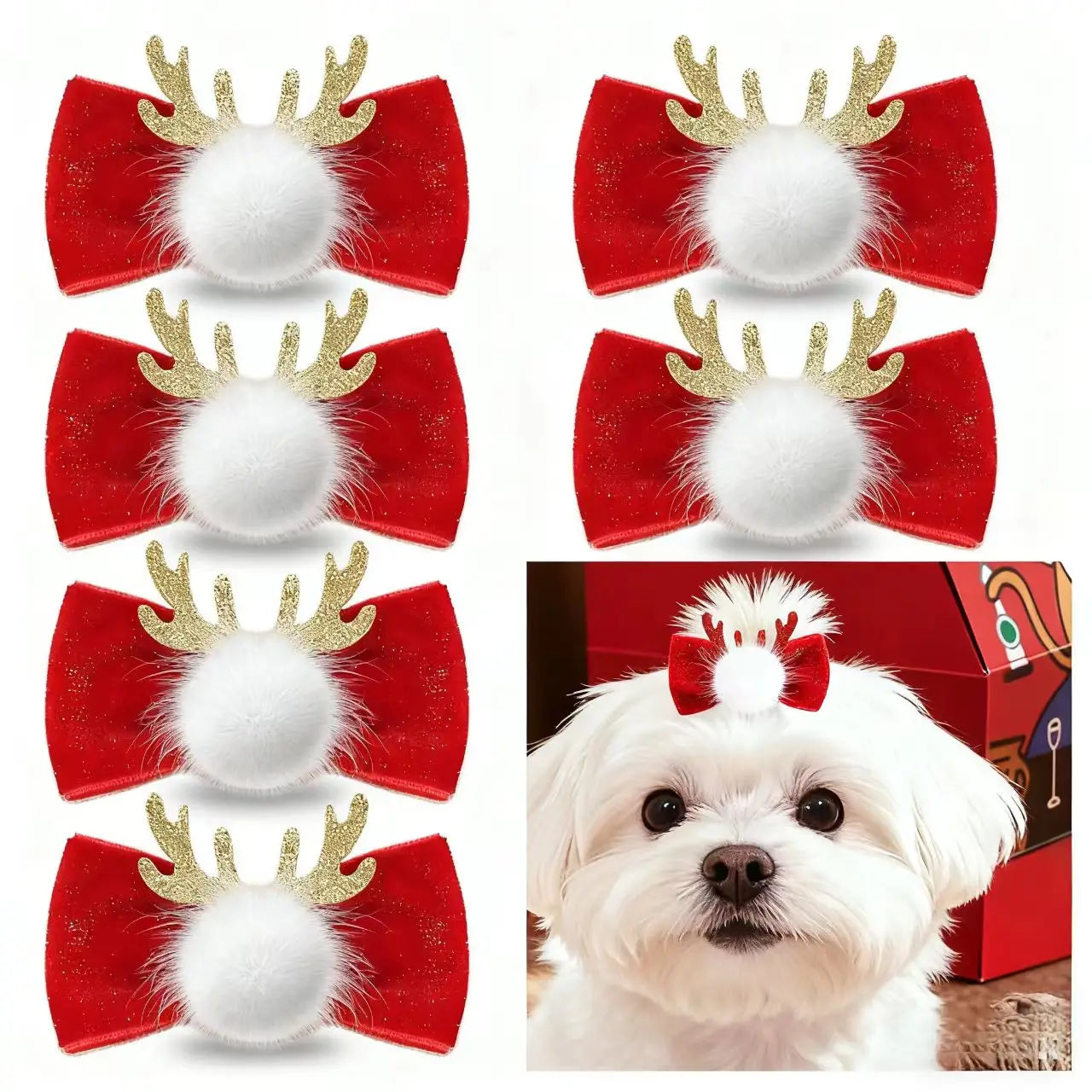 2-Pack Winter Dog & Cat Bows – Red Velvet Antler Hairpins with Metal Clips