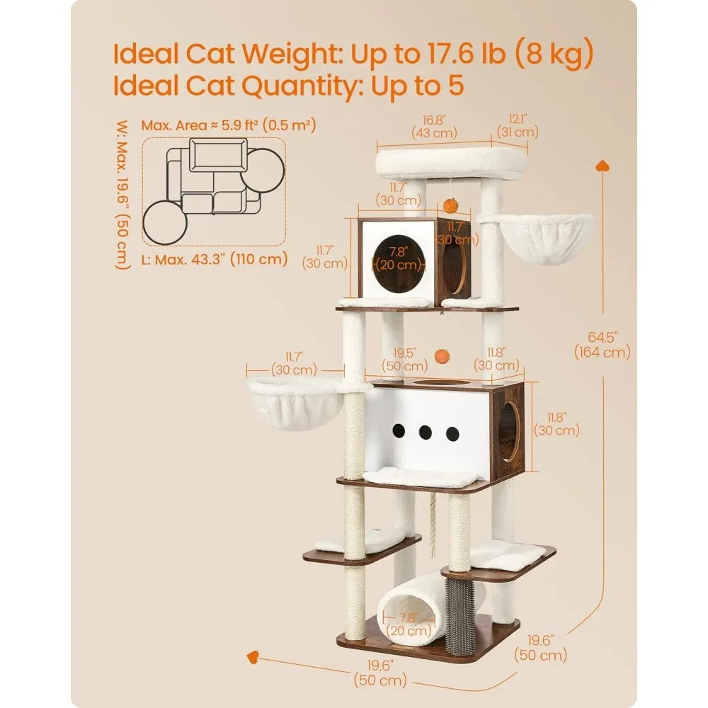 Tall Modern Cat Tree Tower for Large Indoor Cats – Multi-Level Cat Condo with 2 Caves, 2 Hammocks & 4 Sisal Scratching Posts