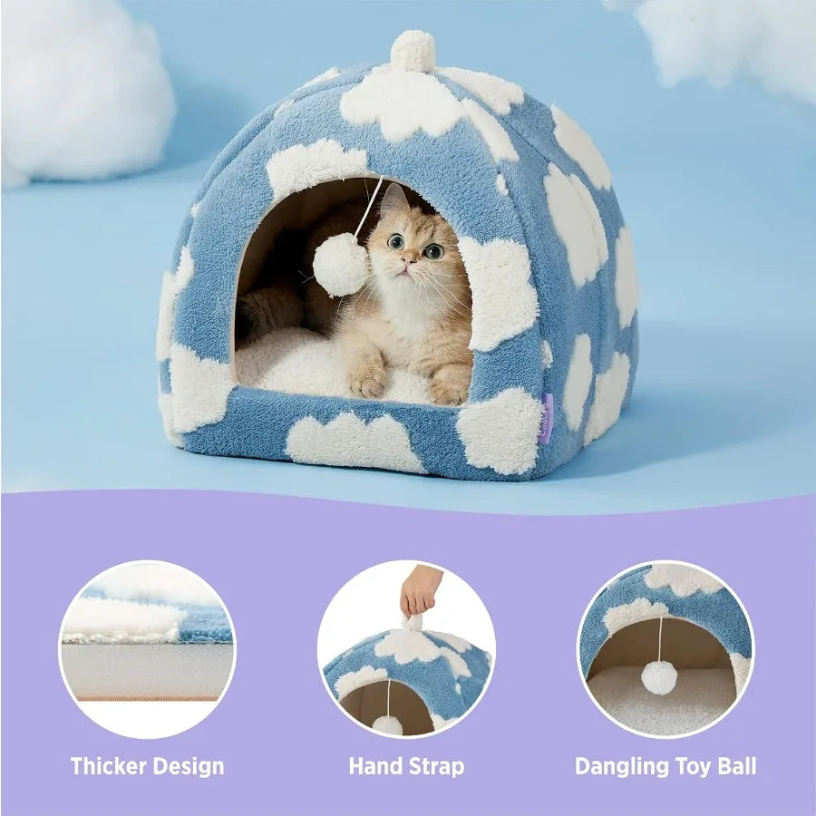 2-in-1 Cozy Cat Cave Bed with Washable Cushion – Blue