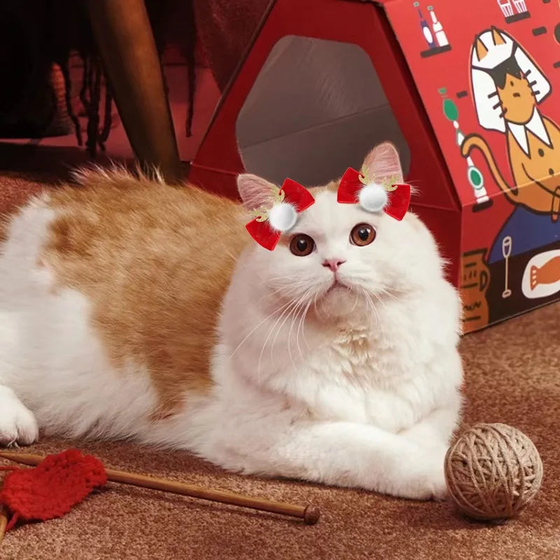 2-Pack Winter Dog & Cat Bows – Red Velvet Antler Hairpins with Metal Clips