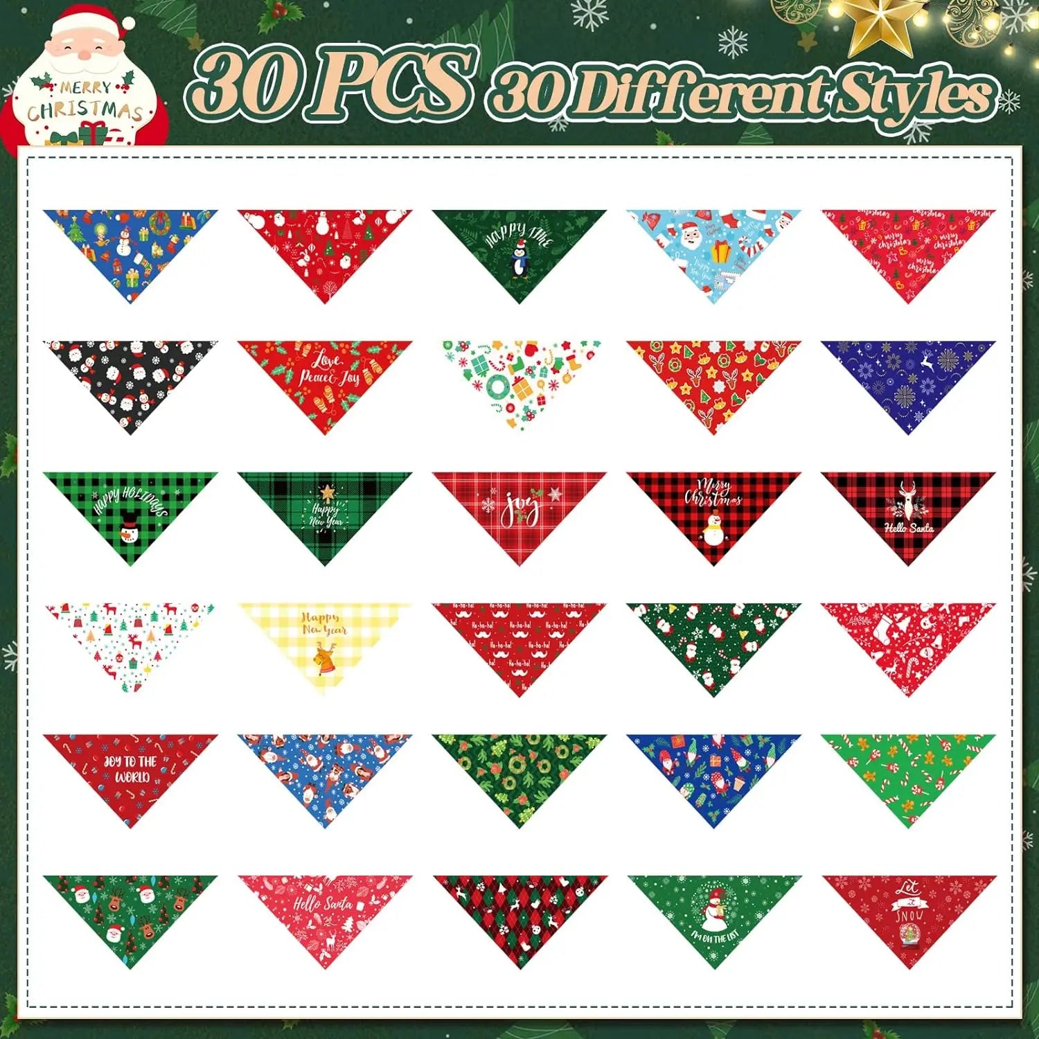 30-Pack Christmas Pet Bandanas – Holiday Dog & Cat Triangle Scarves