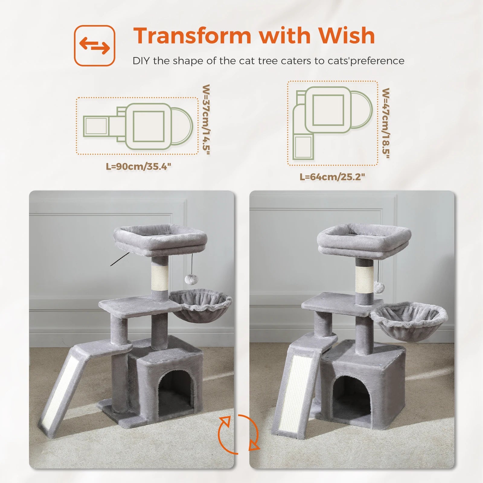 Cat Tree Tower for Indoor Cats – 2-Style Cat Activity Center with Scratching Posts, Large Hammock & Removable Top Perch, Grey