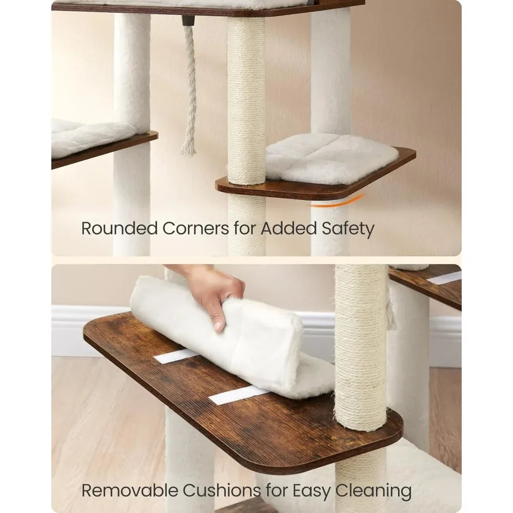 Tall Modern Cat Tree Tower for Large Indoor Cats – Multi-Level Cat Condo with 2 Caves, 2 Hammocks & 4 Sisal Scratching Posts