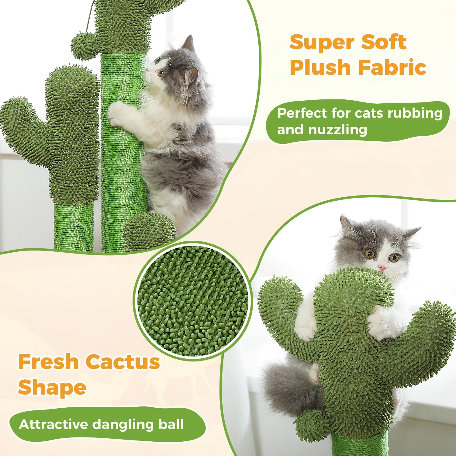 Cactus Cat Scratching Post – Tall Cat Scratcher for Indoor Cats with 3 Sisal Poles & Interactive Dangling Ball Toys