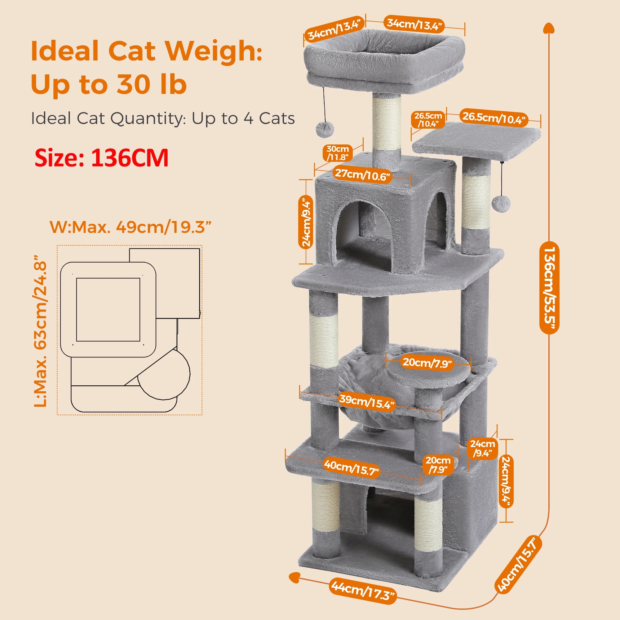 Large Cat Tree Tower for Indoor Cats – Multi-Level Cat Condo with Sisal Scratching Posts, Hammock, Padded Perches & Toys