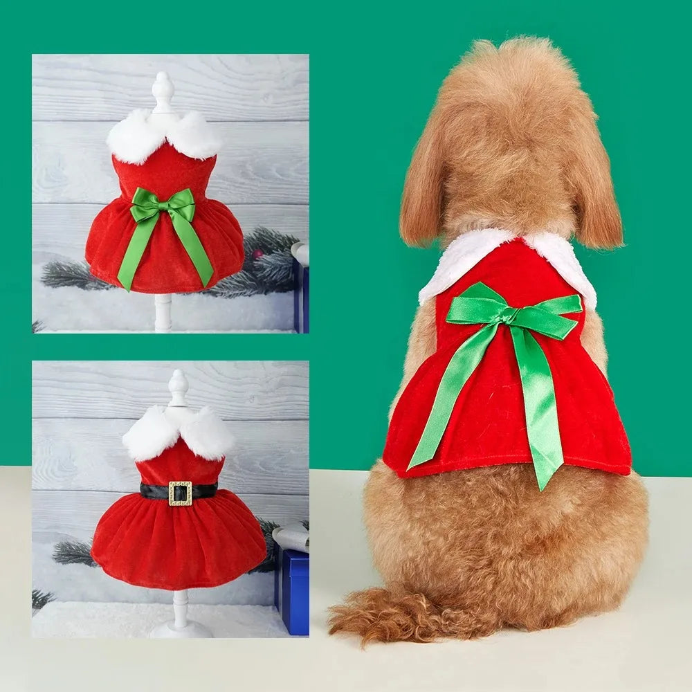 Red Christmas Bow Dress – Warm Santa-Style Holiday Outfit for Dogs & Cats
