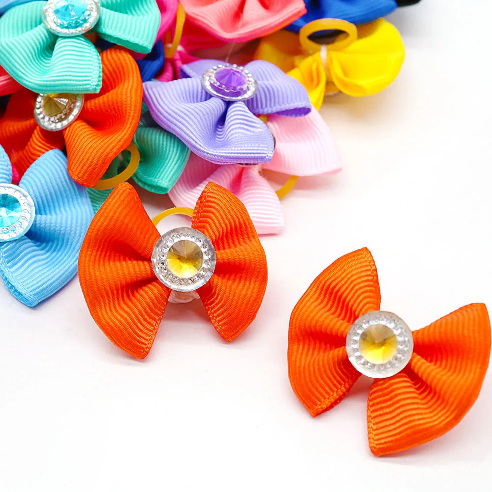 20PCS Dog Hair Bows with Diamond – Colorful Pet Grooming Accessories with Rubber Bands for Small Dogs & Puppies