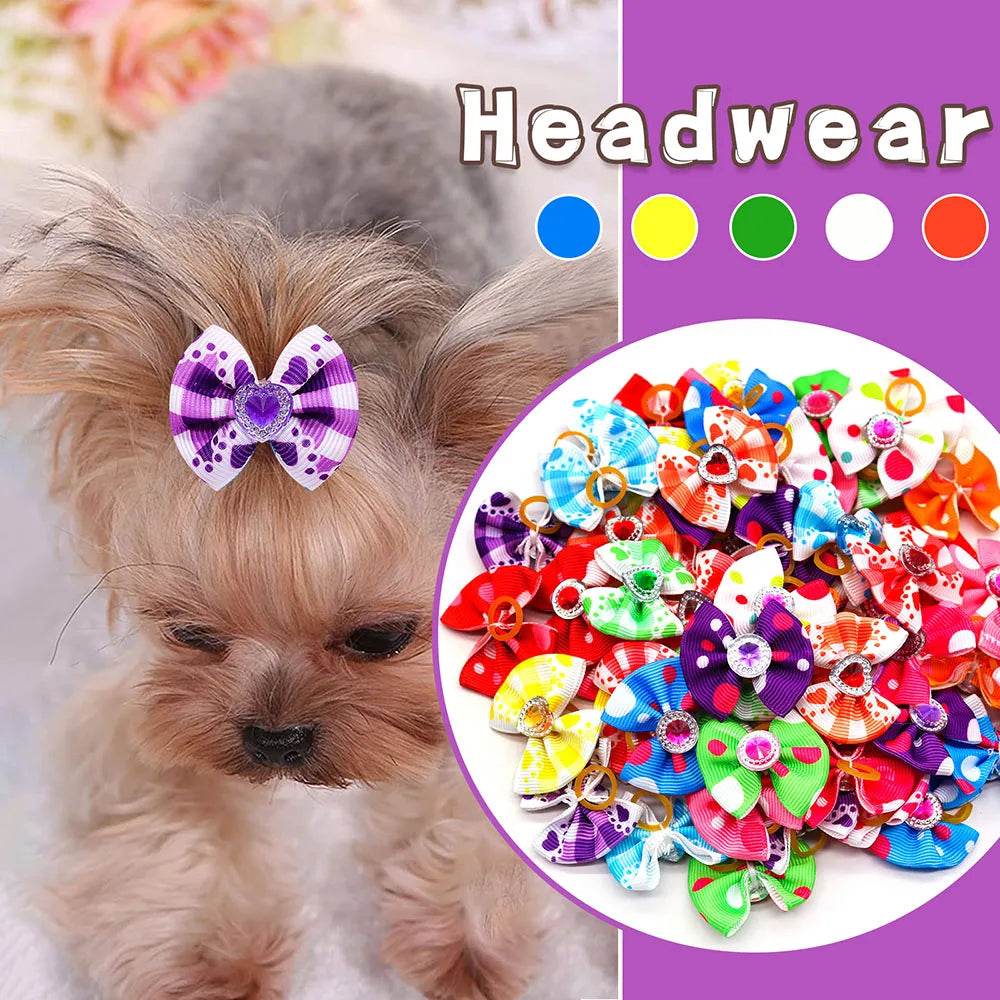 20PCS Dog Hair Bows with Diamond – Colorful Pet Grooming Accessories with Rubber Bands for Small Dogs & Puppies