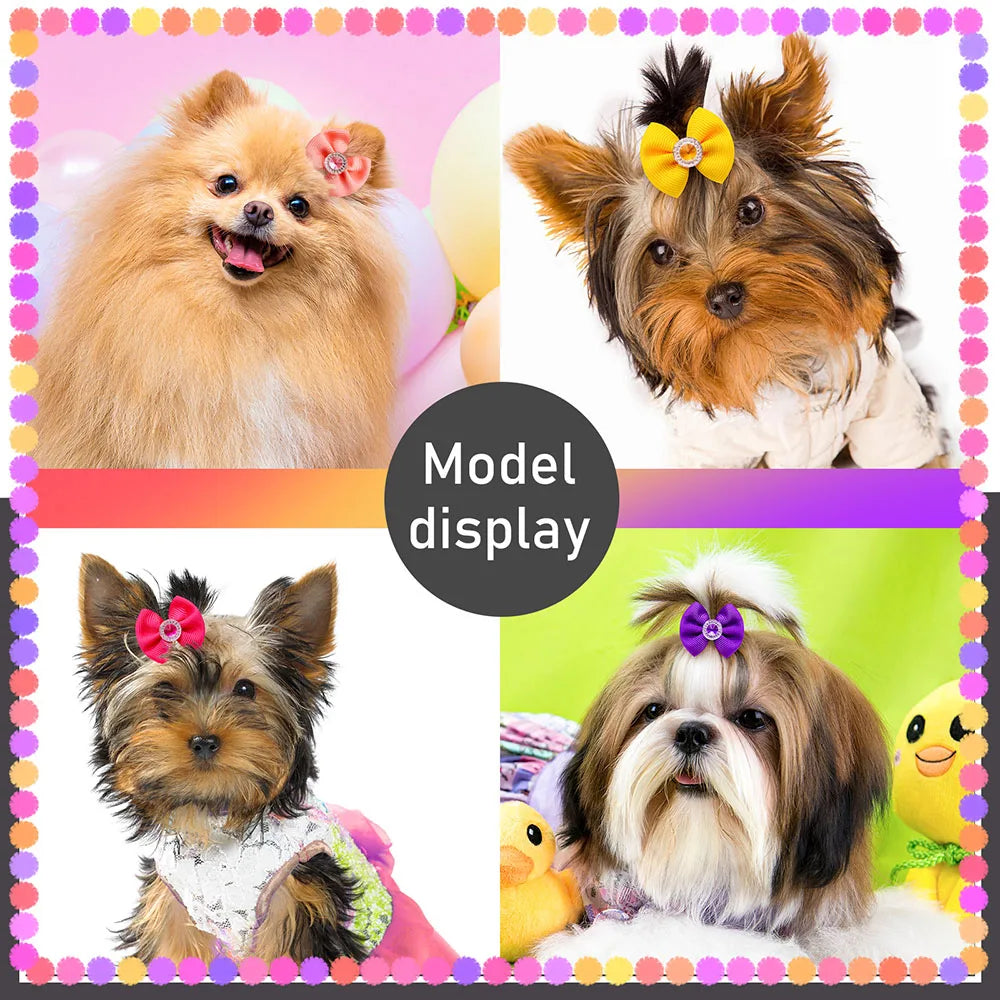 20PCS Dog Hair Bows with Diamond – Colorful Pet Grooming Accessories with Rubber Bands for Small Dogs & Puppies