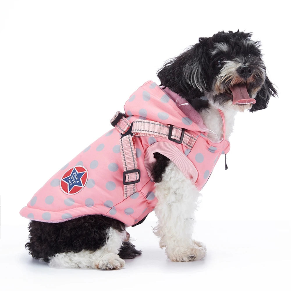 Winter Pet Dog Waterproof Coat with Harness – Warm Cotton Hooded Jacket for Small Dogs & Cats