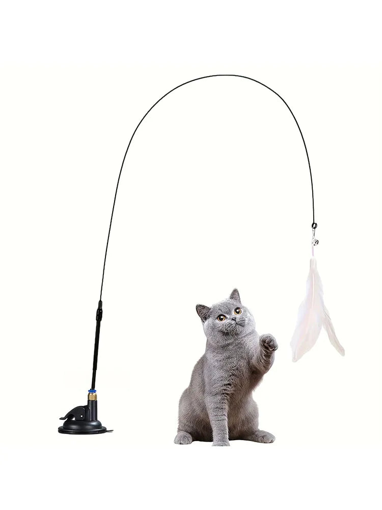 Cat Teaser Wand Toy with Feather & Bell – Suction Cup Pole