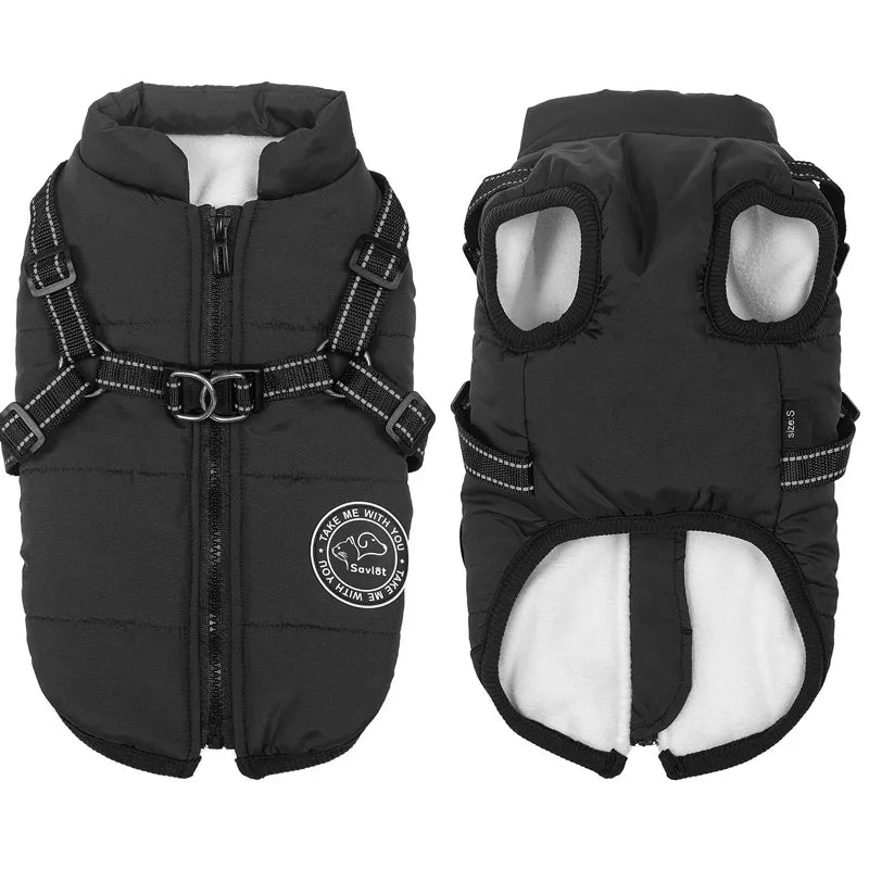 Winter Warm Dog Jacket – Waterproof Pet Coat with Harness, Fleece Vest for Small & Large Dogs