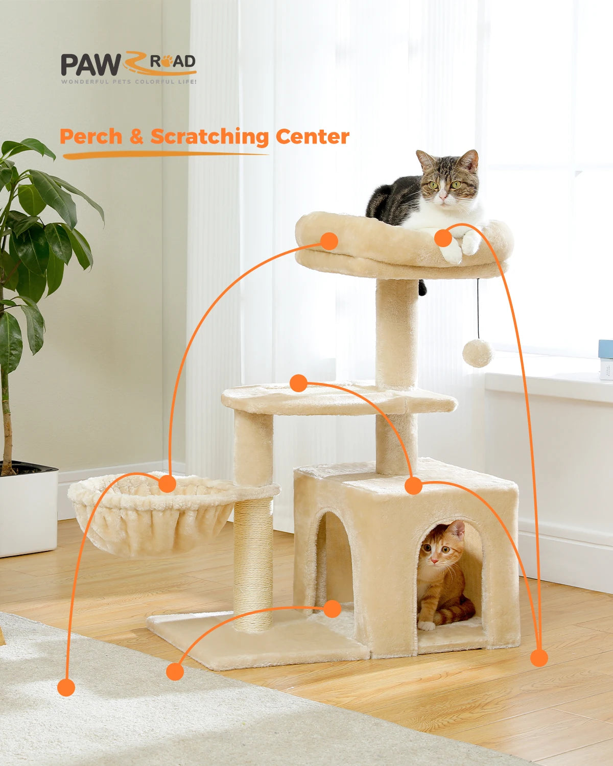 Cat Tree Tower for Indoor Cats – 2-Style Cat Activity Center with Scratching Posts, Large Hammock & Removable Top Perch, Grey