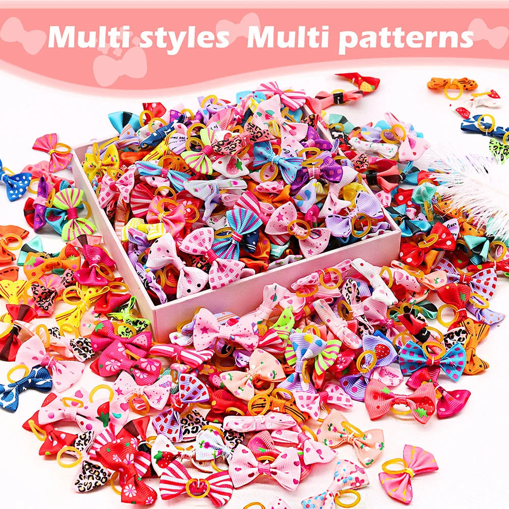 100PCS Dog Hair Bows – Mixed Colors Puppy Bows with Rubber Bands, Handmade Pet Grooming Accessories