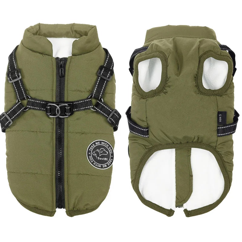 Winter Warm Dog Jacket – Waterproof Pet Coat with Harness, Fleece Vest for Small & Large Dogs
