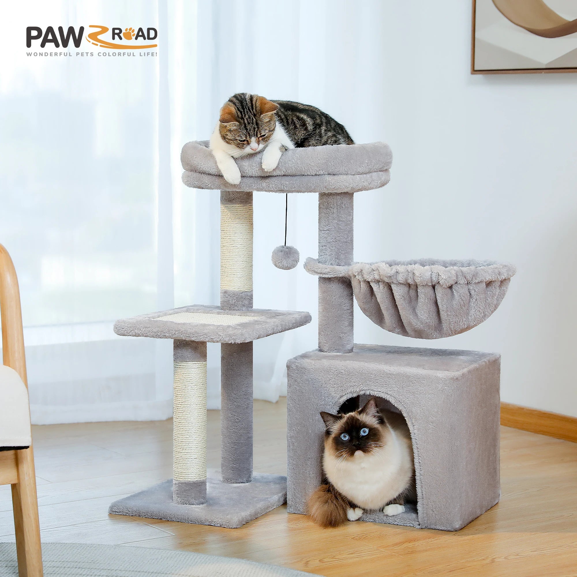 Cat Tree Tower for Indoor Cats – 2-Style Cat Activity Center with Scratching Posts, Large Hammock & Removable Top Perch, Grey