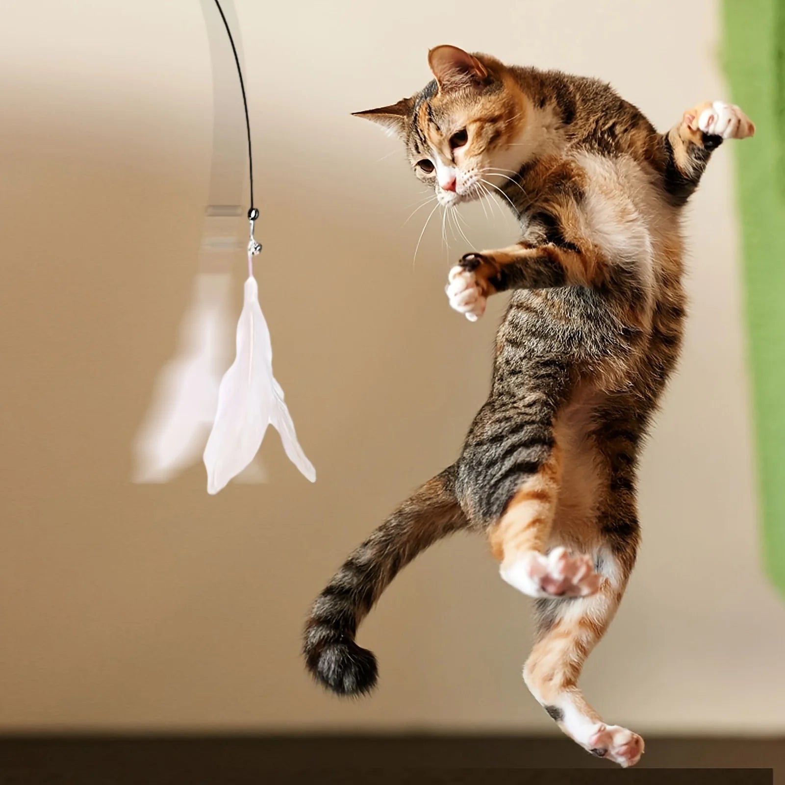 Cat Teaser Wand Toy with Feather & Bell – Suction Cup Pole