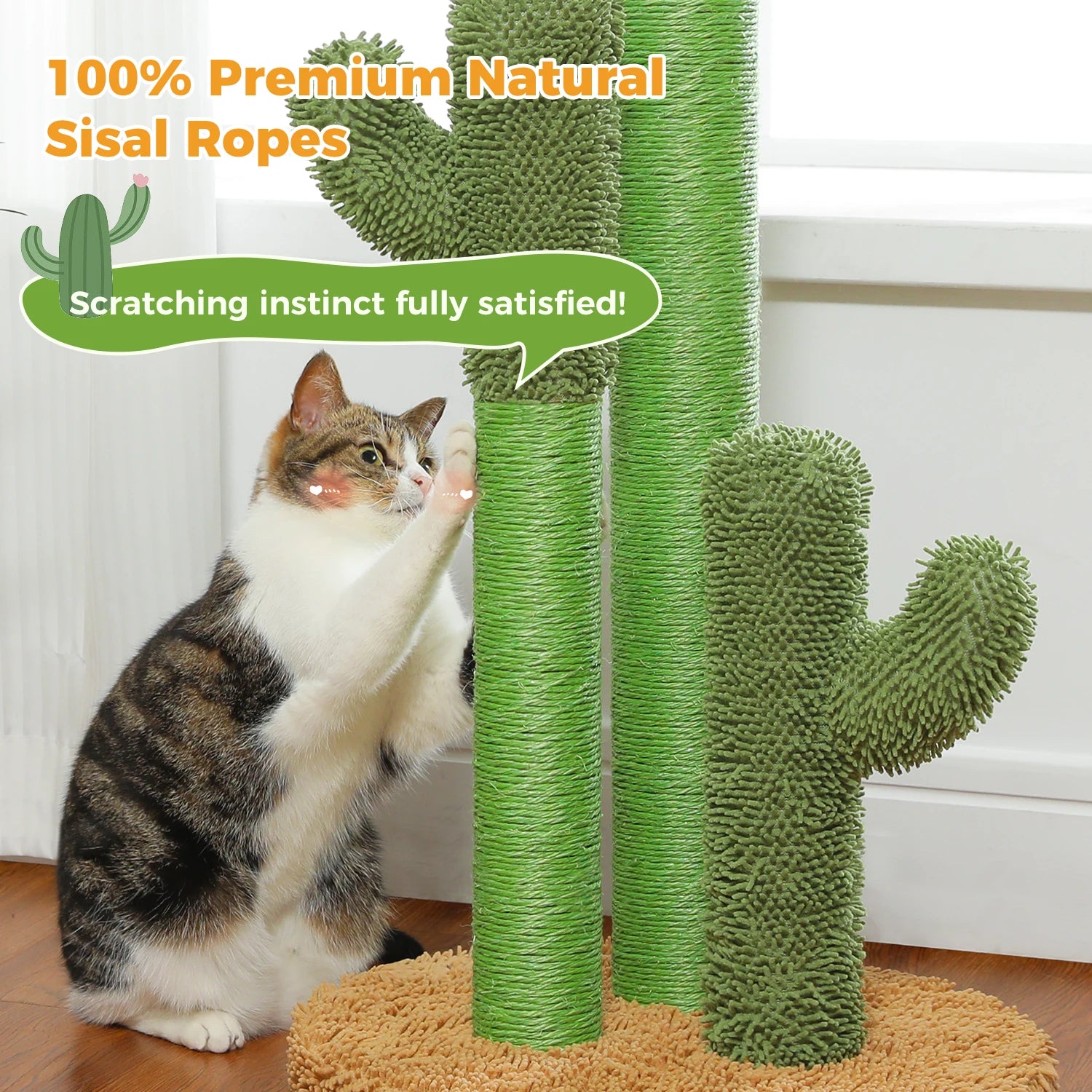 Cactus Cat Scratching Post – Tall Cat Scratcher for Indoor Cats with 3 Sisal Poles & Interactive Dangling Ball Toys