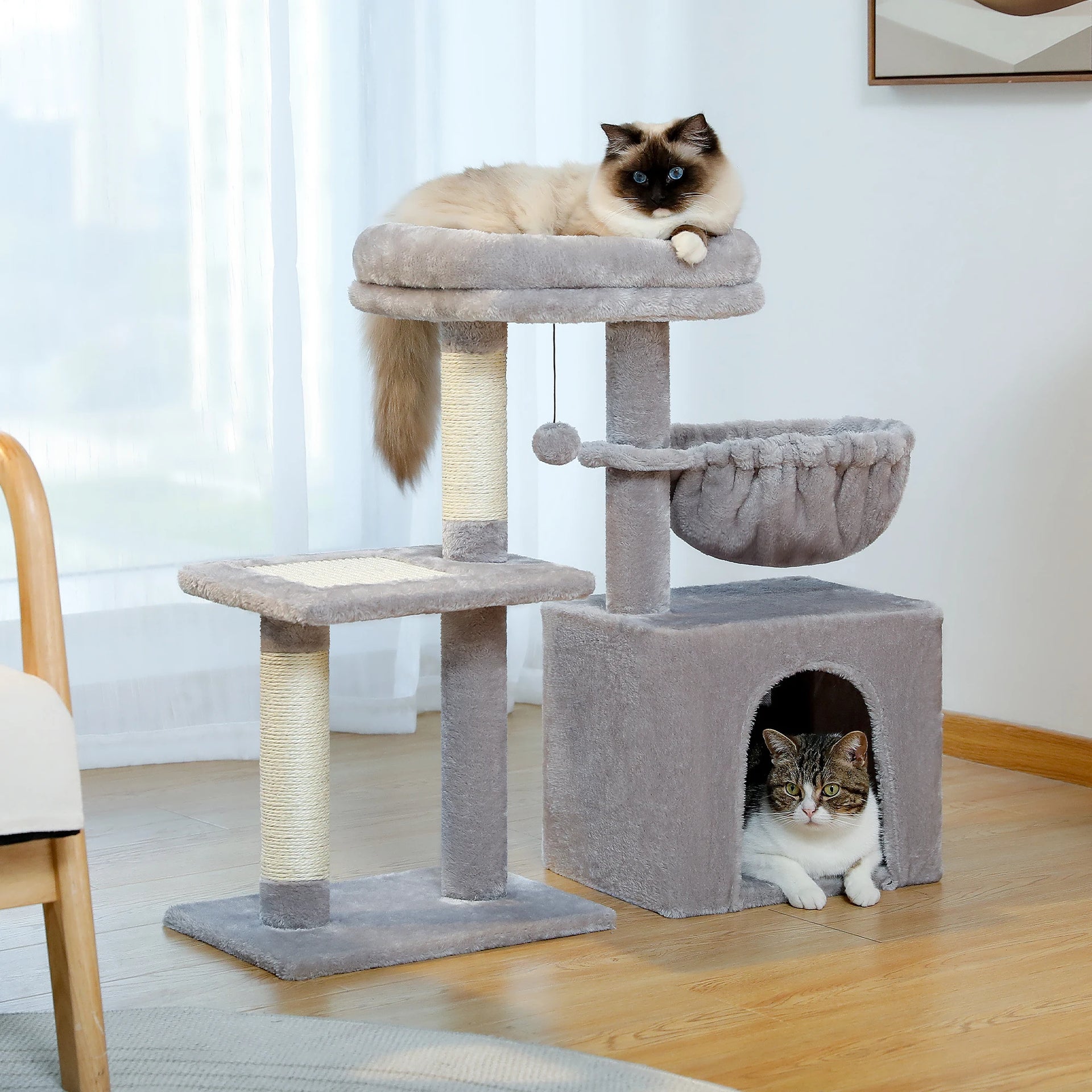 Cat Tree Tower for Indoor Cats – 2-Style Cat Activity Center with Scratching Posts, Large Hammock & Removable Top Perch, Grey
