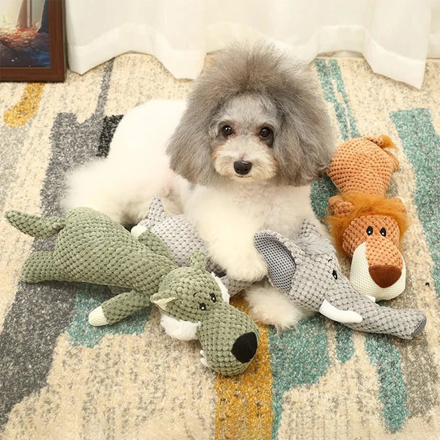 Bite-Resistant Squeaky Plush Dog Toy – Lion, Wolf & Elephant