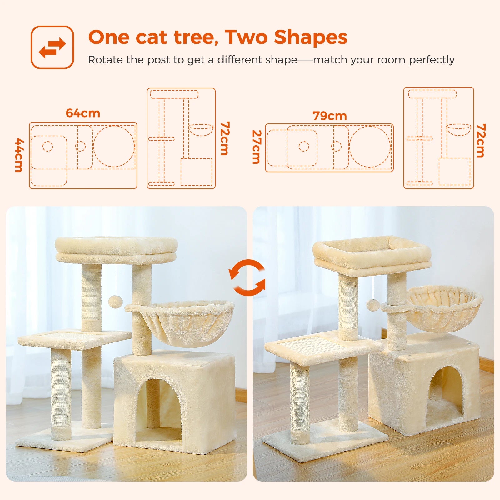 Cat Tree Tower for Indoor Cats – 2-Style Cat Activity Center with Scratching Posts, Large Hammock & Removable Top Perch, Grey