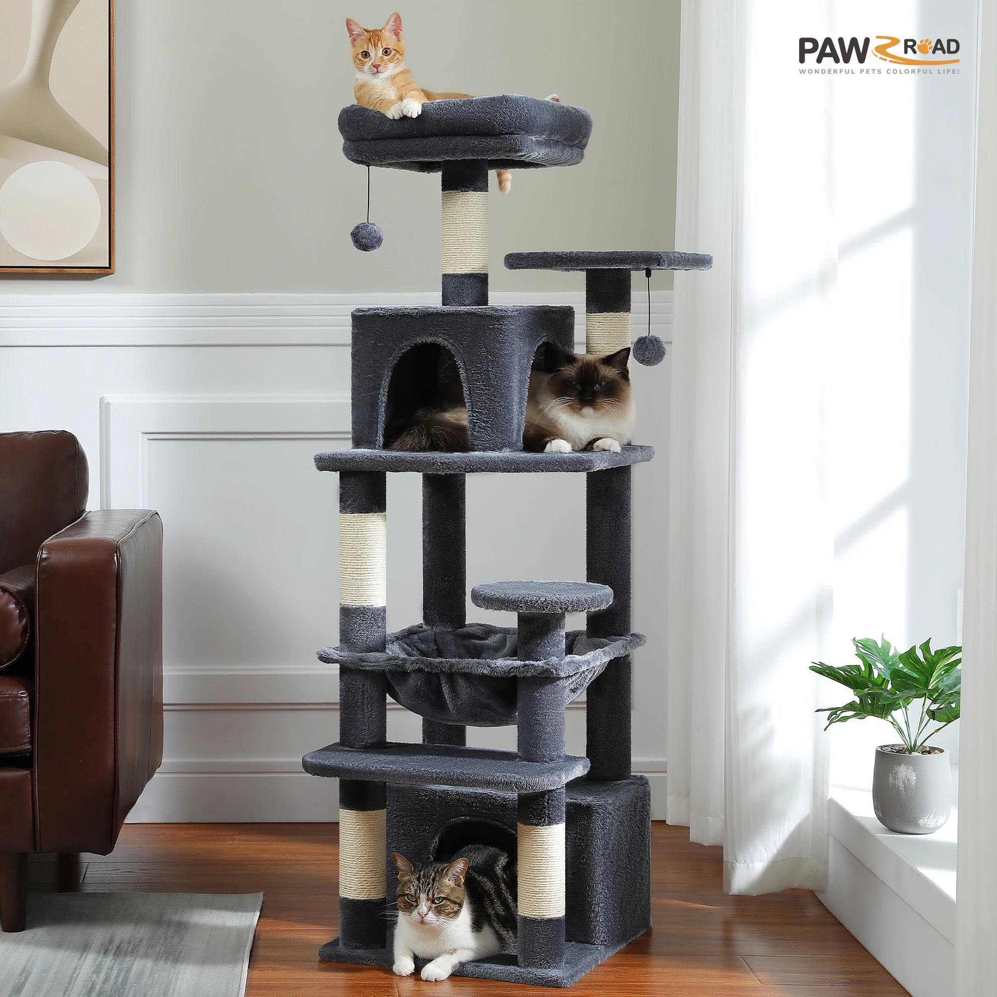 Large Cat Tree Tower for Indoor Cats – Multi-Level Cat Condo with Sisal Scratching Posts, Hammock, Padded Perches & Toys