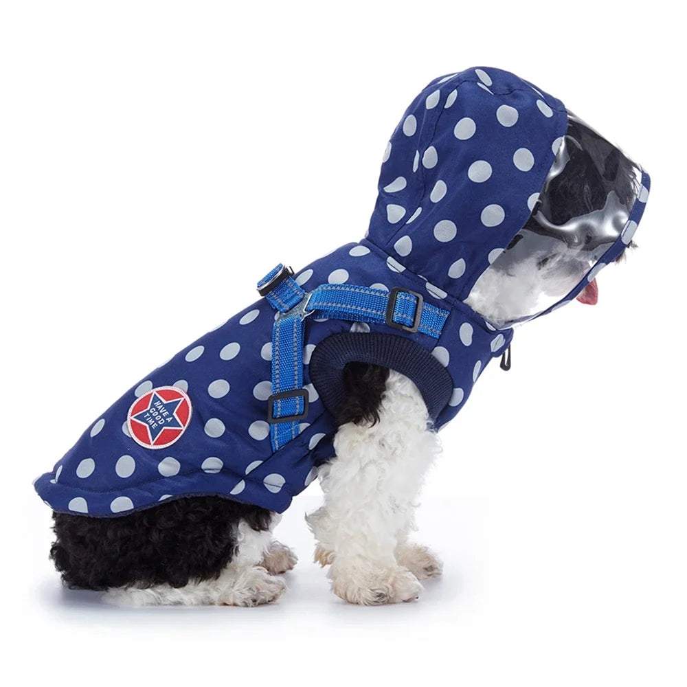 Winter Pet Dog Waterproof Coat with Harness – Warm Cotton Hooded Jacket for Small Dogs & Cats