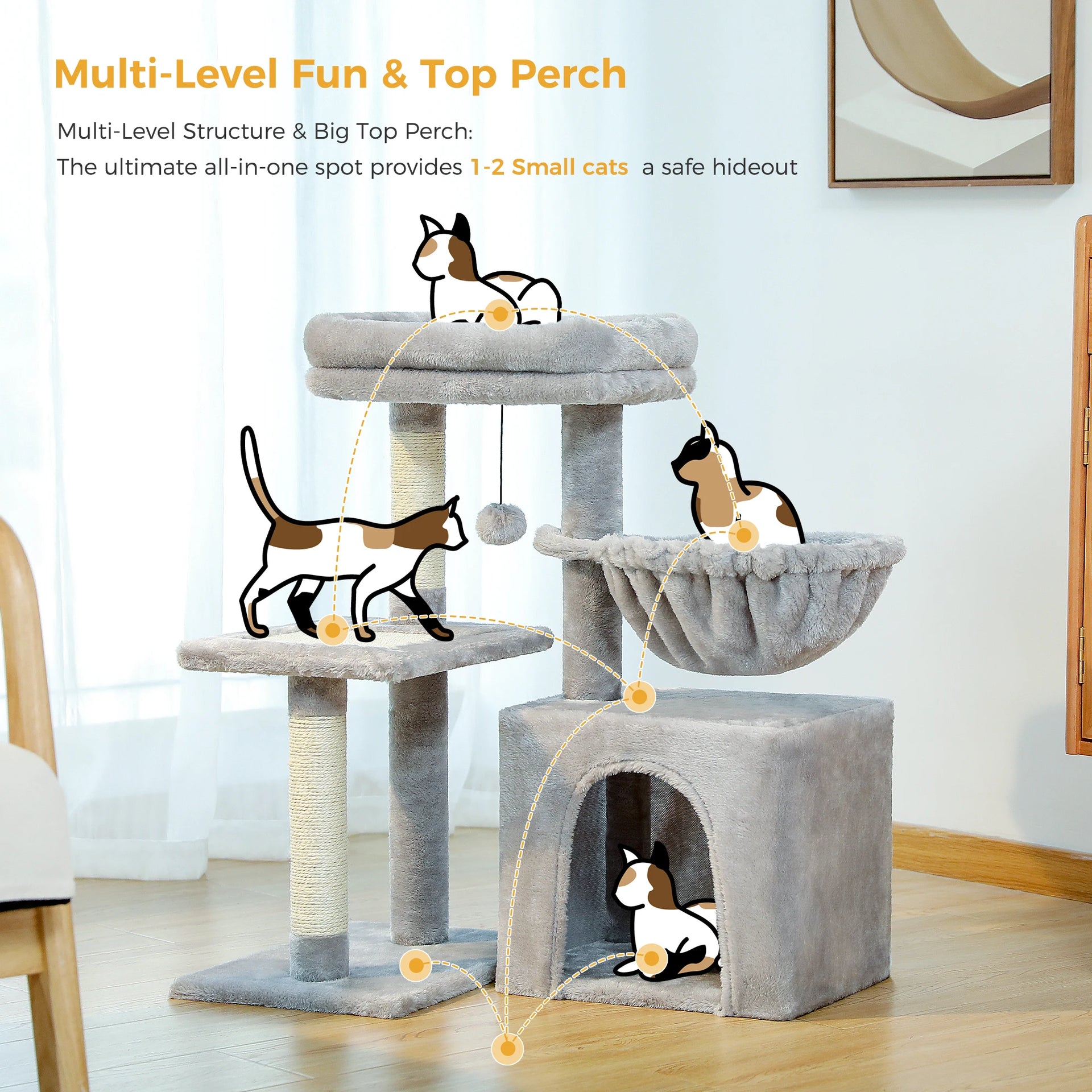 Cat Tree Tower for Indoor Cats – 2-Style Cat Activity Center with Scratching Posts, Large Hammock & Removable Top Perch, Grey