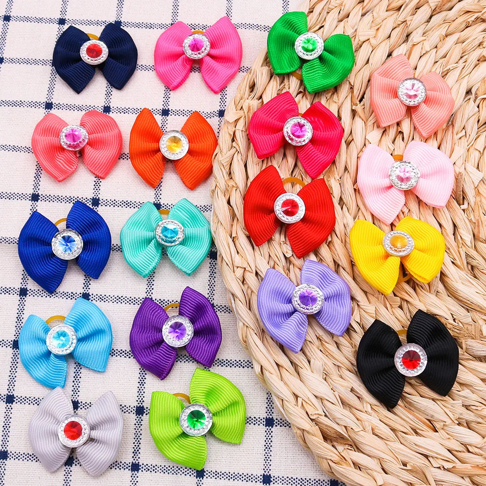 20PCS Dog Hair Bows with Diamond – Colorful Pet Grooming Accessories with Rubber Bands for Small Dogs & Puppies