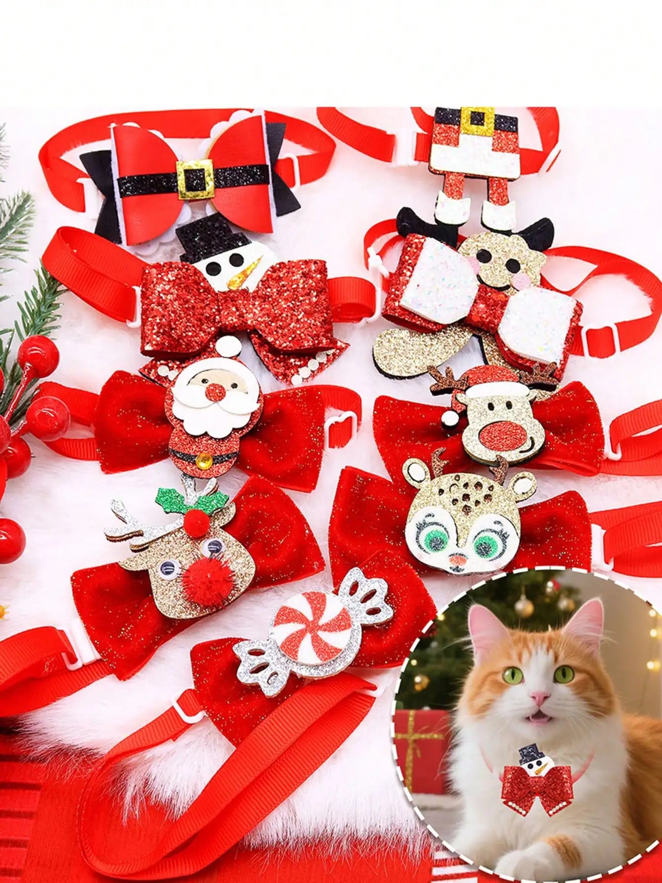 Christmas Pet Bow Tie – Red Mini Tie with Festive Elements for Dogs & Cats