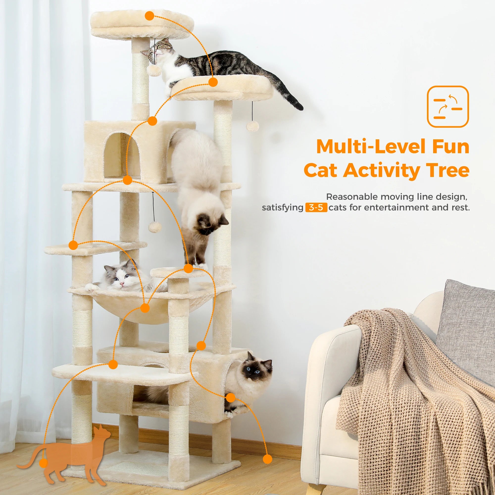 Large Cat Tree Tower for Indoor Cats – Multi-Level Cat Condo with Sisal Scratching Posts, Hammock, Padded Perches & Toys