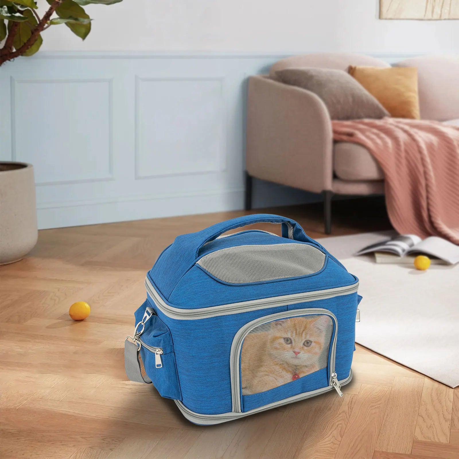 Blue Collapsible Pet Carrier – Waterproof Oxford Travel Bag